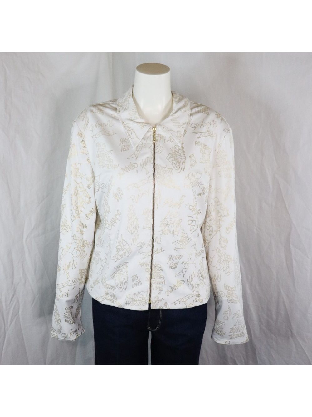 Joseph Ribkoff White Jacket With Gold Graffiti Writing